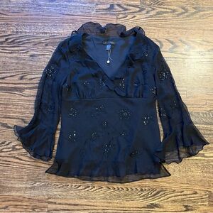 Y2K SilkLand Midnight Black 100% Silk Blouse with Floral Details